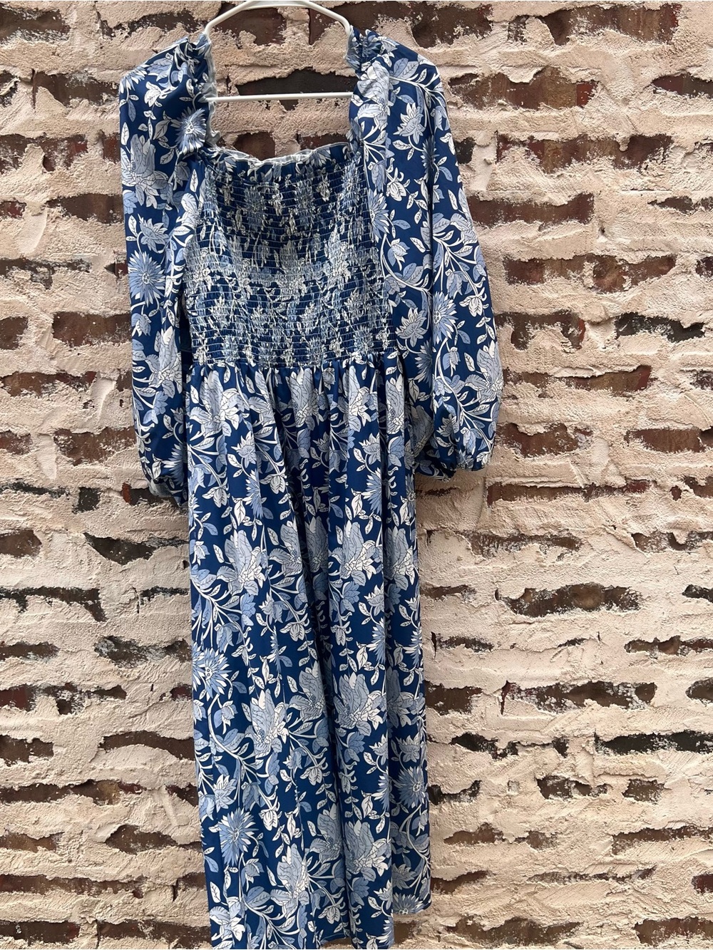 Blue Floral Midi Dress with Smocked Bodice